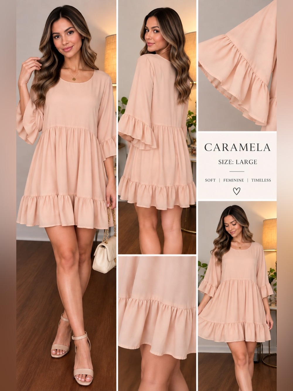 Caramela Women’s Peach Pink Bell Sleeve Ruffled Shift Dress Size Large